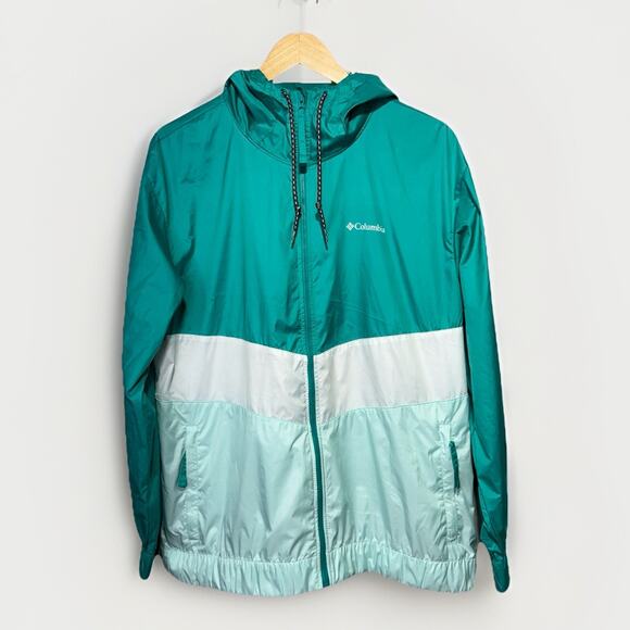 Columbia Windbreaker Jacket Women’s XL Teal White Colorblock Hooded Zip Up Nylon